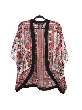 Angie Kimono Cardigan L Womens Y2K Red Black White Boho Sheer Short Sleeve Geo